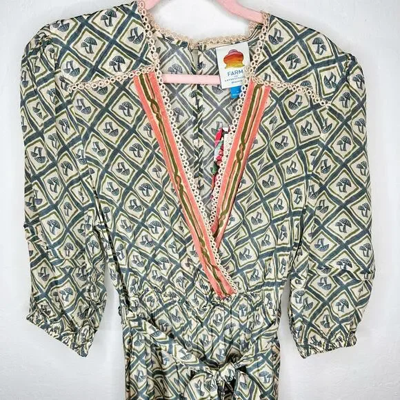 NWT Anthropologie Farm Rio V Neck Sheer Mushroom Print Wide Leg Jumpsuit Medium - Picture 4 of 16